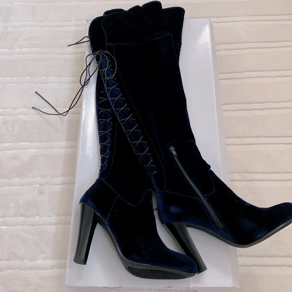 Steve Madden Over the Knee Corset Style Royal Blue Velvet High Heel Boots